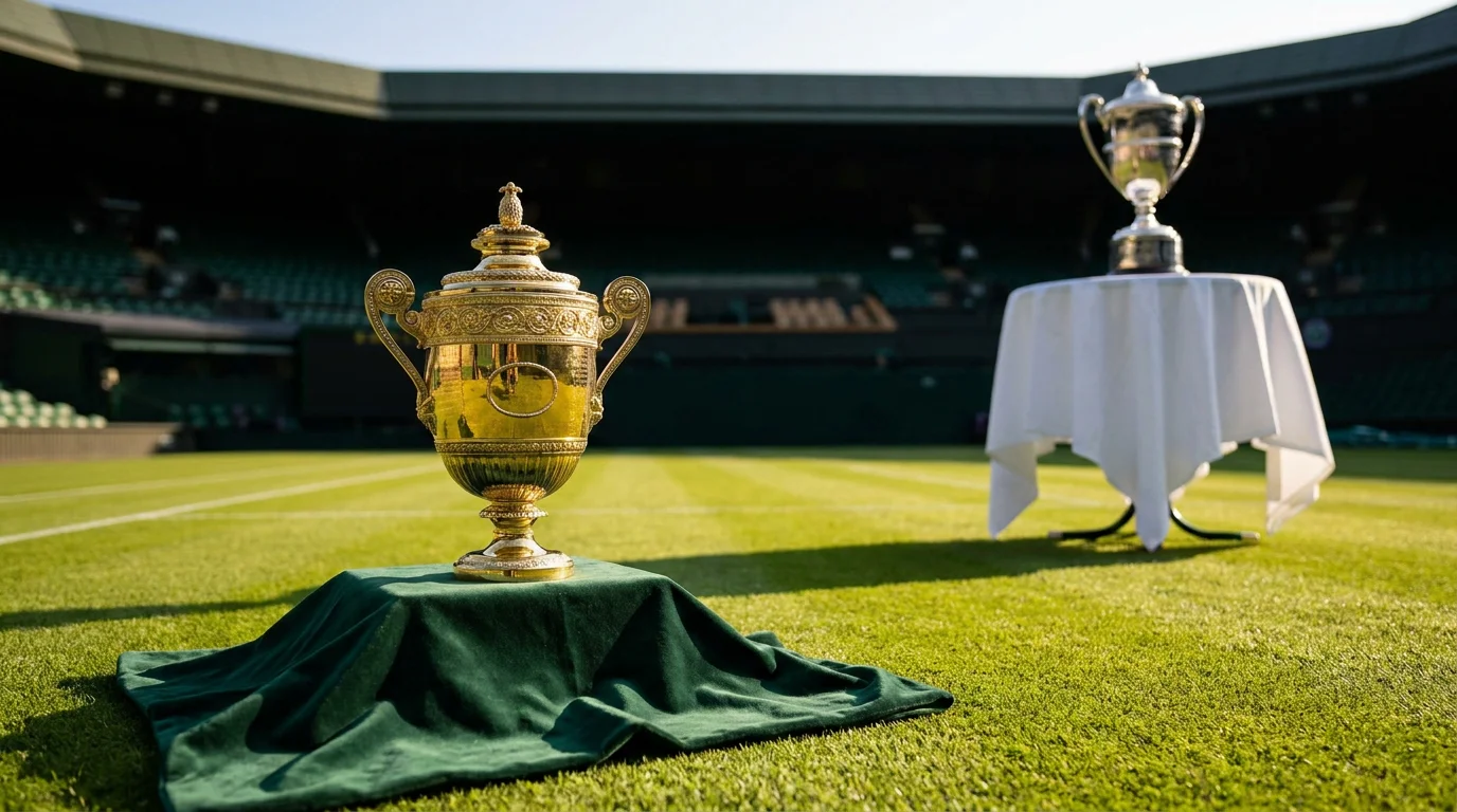 The Wimbledon trophy beside the grass court ahead of the title presentation
