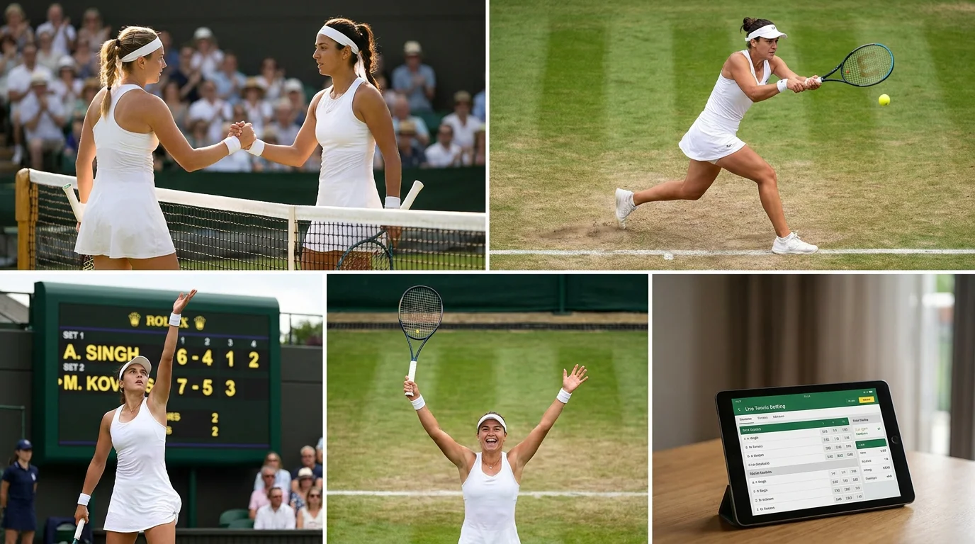 A live in-play screen showing women's singles match markets during a Wimbledon match