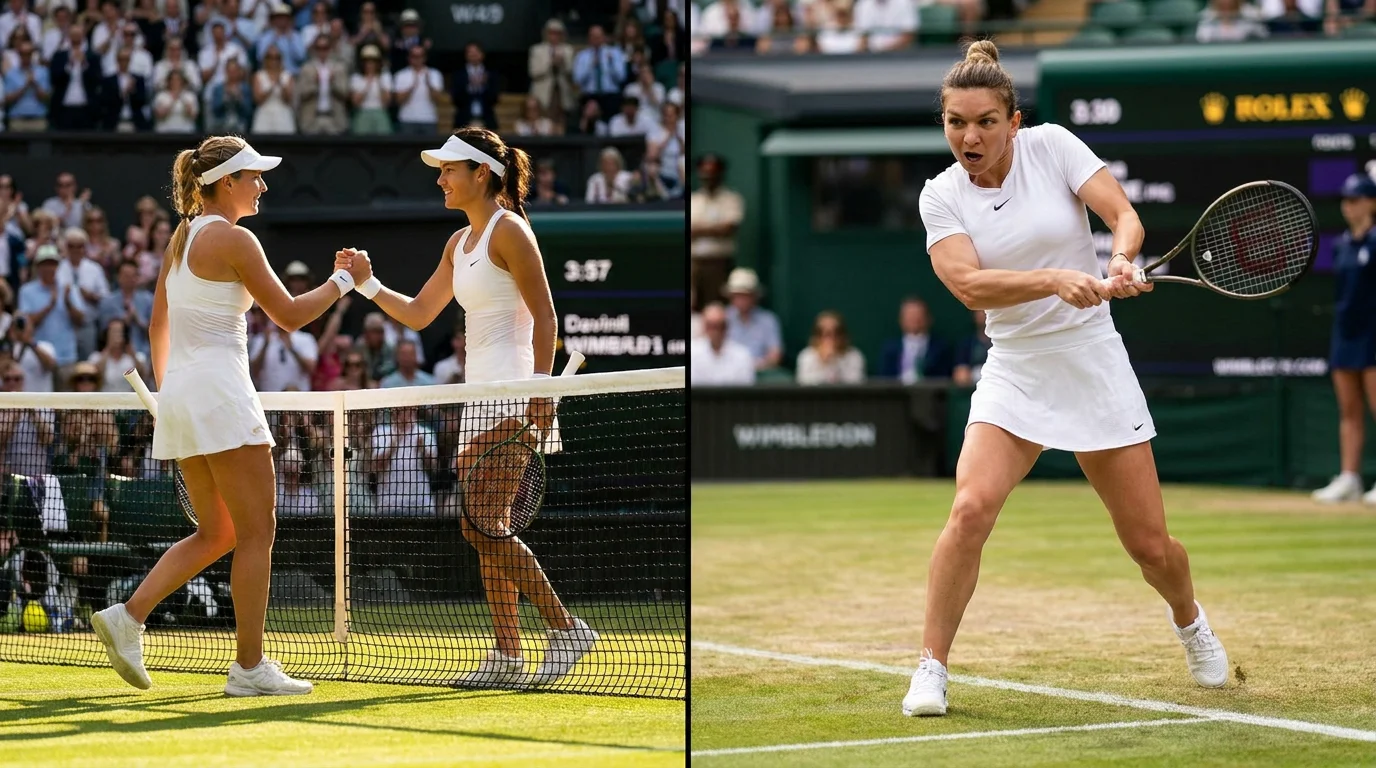 A women's singles player driving a backhand from the baseline on Wimbledon grass