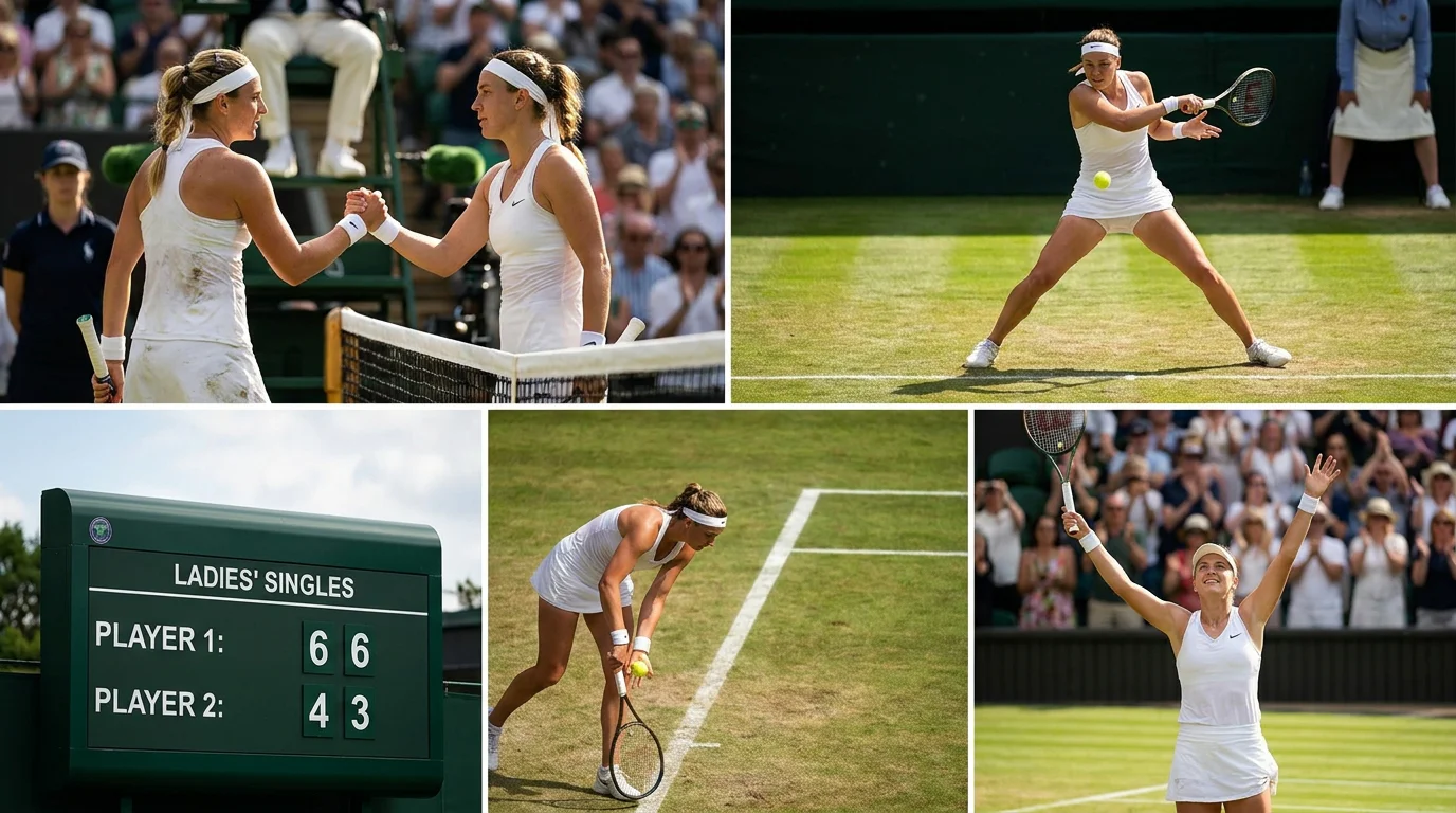 An underdog women's player celebrating an upset win on a Wimbledon grass court